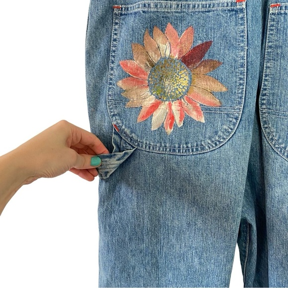 Vintage 90s Wrangler Overalls Womens Size 8 Medium Floral Hand Painted Handmade - Picture 10 of 16